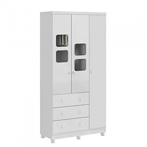 Quarto de Bebê Completo com Guarda Roupa 3 Portas 1 Berço 1 Cômoda Uli Móveis Peroba Branco Brilho