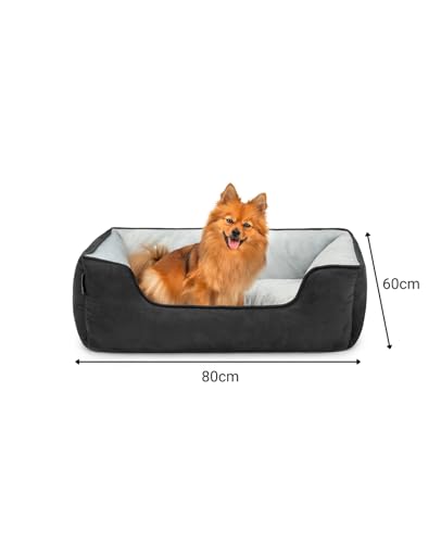lionto Hundebett 2-in-1 mit komfortablem Einstieg, kuscheliges Heimtierbett zum Wenden für Hunde und Katzen, 80x60 cm, Hundekissen in pflegeleichter Wildlederoptik, schwarz/grau