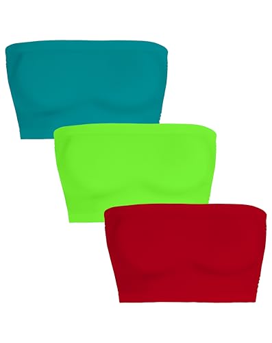 Womens Tube Tops Summer Bandeau Casual Crop Top Going Out Strapless Tank Basic Short Shirt(3 Pieces Azure Blue,Neon Green,Red,XL)