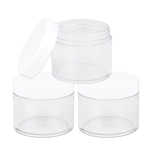 Beauticom 60 gramów/60 ml (2 uncji) okrągłe przezroczyste szczelne plastikowe pojemniki słoiki z białymi pokrywkami do podróżnego przechowywania makijażu kosmetyki balsam peelingi kremy, oleje do pielęgnacji maści (3 słoiki)