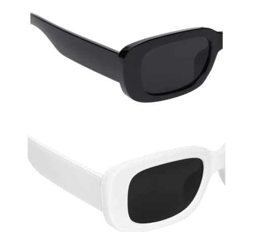 Image of Retro Rectangle Sunglasses for Women & Men | UV400 Protection | Trendy Thick Frame Fashion Eyewear | Lightweight Casual Shades | Black & White Combo Pack