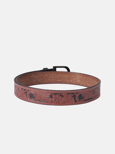 Image of Celtic Genuine Leather Belt for Men | Floral Tooled Casual Belt with Matte Metal Pin Buckle | Adjustable Fit for Office Travel Weekend Everyday Wear | Gifts for Men | Brown Black (38)