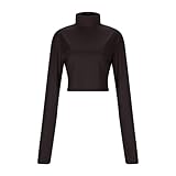 Camisetas de mujer de algodón Slim Fit T-Shirt Manga Larga Otoño Invierno Elegante Ajuste Clásico Elástico Sweatshirt Casual Tops Chic Top Basic Moda Tallas Grandes, marrón, L
