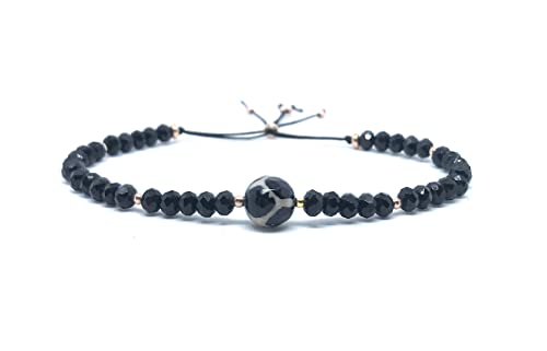 Bracelet agate Dzi authentique et spinelles noirs précieux en argent