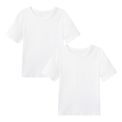 WinZero Kid's Cotton T-Shirt Crew Neck Girls Boys T Shirts Summer Short School Tee Tops for Children 5-13 Years 2 Pack A-White