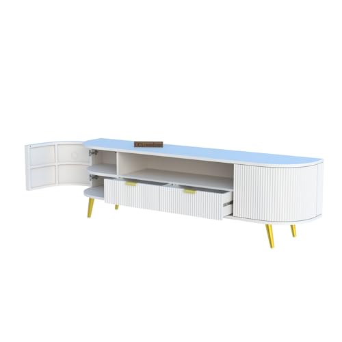 Image of 60L x 16W x 22H Inches Solid Wood TV Unit for Living Room | Modern TV Stand for 55-65 Inch TV | Free Standing Entertainment Cabinet with 2 Drawers (White)