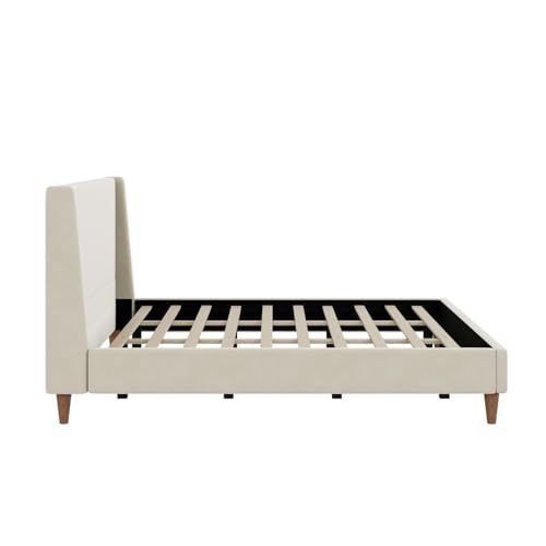Image of Merax Solid Wood King Size Velvet Bed Frame with Wingback Headboard, Modern Upholstered Platform with Walnut Wooden Legs, Strong Wooden Slats, No Box Spring Needed, Beige