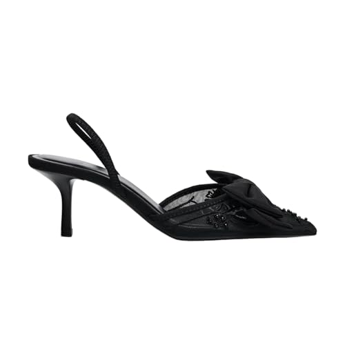 Women's Embroidery Mesh Bow Heels Slingback Adjustable Back Strap Stiletto Heel Pumps Party Dress Office Shoes for Women