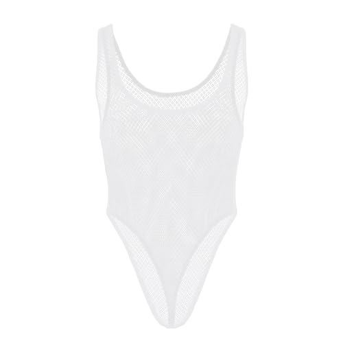 Herren Bodysuit Spitze Unterhemd Mesh Sexy Shirt Tops Transparent Ärmellose Stringbody Overall Dessous Männer Body Einteiler Schlafanzug Erotik Unterwäsche (Weiß, L)