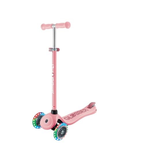 Globber - GO•UP Sporty Lights - Skalierbarer Tretroller, 3 Räder mit abnehmbarem Sitz, Fußstütze und LED-Lichtern, für Kinder von 15 Monaten bis 6 Jahren - Farbe Pastellrosa