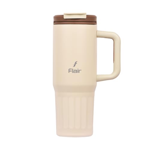 Image of FLAIR Vogue Vacuum Insulated Stainless Steel 750 ml Tumbler with Handle | 2-in-1 Lid with Flip Straw & Sip Spout -Beige | Hot & Cold Beverage Mug | Leak Resistant
