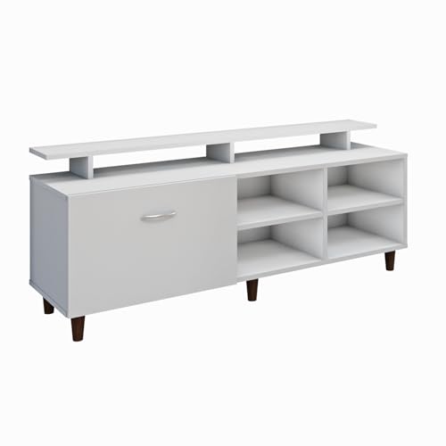 Image of VIKI Modern TV Unit for Living Room | Engineered Wood TV Cabinet with 1 Drawer Storage, 2 Open Shelves & Extension,Entertainment Unit, 140W x 48H x 40D cm | DIY | 1 Year Warranty (White)