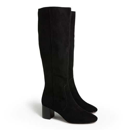 Coutgo Womens Chunky Heel Knee High Boots Suede Round Toe Fall Winter Tall Boots with Side Zipper, Black, Size 10