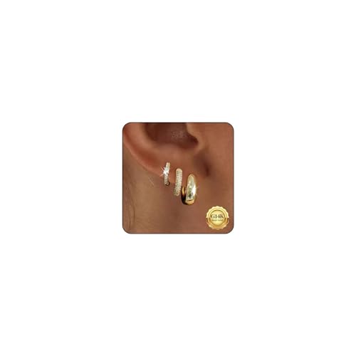 Gold Hoop Earrings Set for Women - 14K Gold Plated Small Hoops, Chunky Thick Earrings, Trendy Huggie Hoops