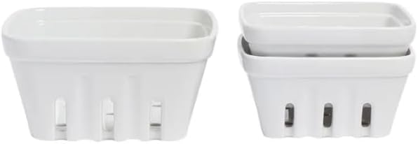 Over&Back 3-Piece Multipurpose Berry Baskets (White) - Stackable Stoneware Fruit Bowls with Integrated Colander Strainer Holes - Farmhouse Kitchen Decor, Reusable Produce Saver