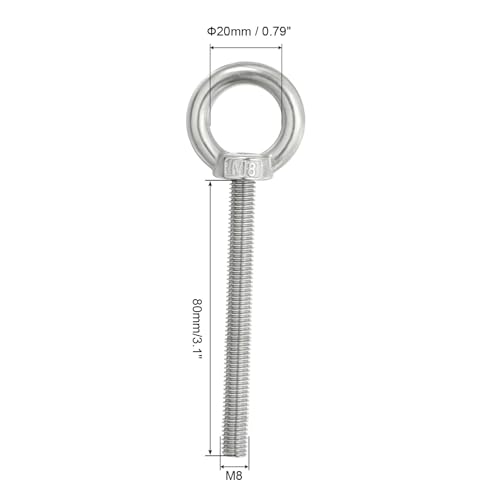 Image of PATIKIL M8 x 80mm Lifting Shoulder Eye Bolt, 3Pcs 304 Stainless Steel Lifting Ring Threaded Eyebolt with Nuts Washers for Hanging Hammocks Articles