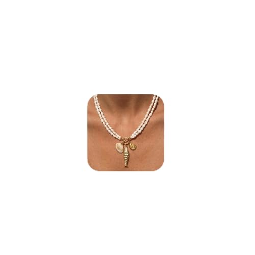 FAUTHENTICUTE Chunky Fish Pendant Necklace for Women Two-Row Puka Shell Bead Strand with Conch Shell and Fish Charm Layered Seashell Choker Statement Summer Beach Jewelry Gift