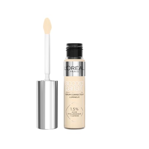 Corrector en suero líquido L'Oréal Paris, fórmula con ácido hialurónico y cafeína, hidratación 24 horas, acabado luminoso, Accord Parfait, tono: 0.5D Golden, 11 ml