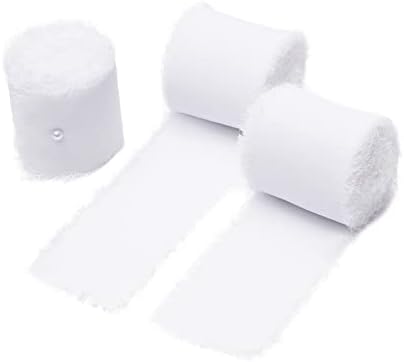 DORIS HOME 3 Rolls 2"x7Yd Fringe Chiffon Ribbon for Flower Bouquet, Handmade White Ribbon for Gift Wrapping, Frayed Edge Ribbon for Crafts, Decorating, Bouquet Wrap, Wedding Invitation