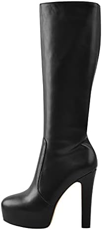 richealnini Women's Platform Boots Mid Calf Knee High Boot Block Heels Booties Zipper Comfy Boots Black Size 6