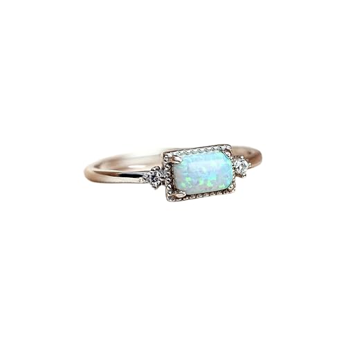 Dainty Opal Engagement Ring – Sterling Silver or Gold, October Birthstone Solitaire Ring with Side Stones, Anniversary & Birthday Gift for Women