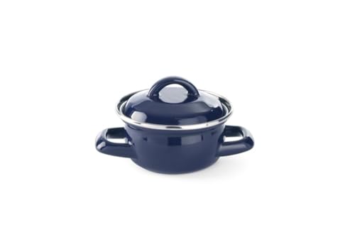HENDI Cazuela con tapa, olla, para sopas y salsas, para cocinar y servir, sólo apta para cocinas de gas, 0.3L, ø115x(H)90mm, acabado esmaltado azul, reborde de acero inoxidable