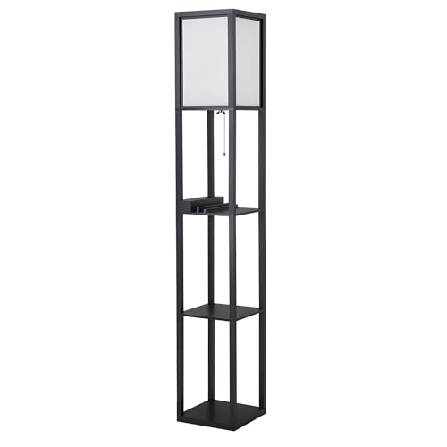 HOMCOM Lampada da Terra Moderna, Lampadina Illuminazione Interna Salvaspazio con Ripiani da Soggiorno Cotone, MDF 26 x 26 x 160 cm Nero e Bianco