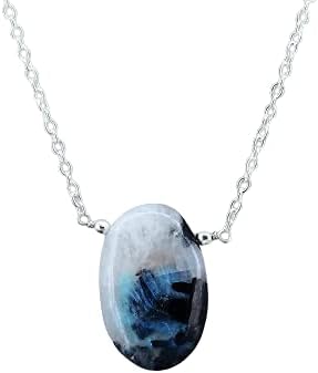 Gempires Rainbow Moonstone with Black Tourmaline Oval Necklace, Gemstone Healing Crystals, Gift for Her, Birthstone Jewelry, 18 inch Silver Plated Adjustable Chain