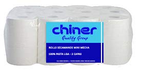 Chiner - Pack de 12 Rollos Secamanos Mini-Mecha | 100% Celulosa de 2 Capas | Toallas de Papel para Manos | Papel Secamanos Industrial, Blanco, (Paquete de 12 rollos)