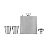 True Fiasco Silver Stainless Steel Flask for Men with 2 Shot Drinking Glasses, Vodka Rum Whiskey Liquor Flasks for Women, Travel Backpacking, Set of 3