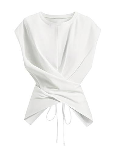 Verdusa Women's Cinched Waist Wrap Top Cap Sleeve Tie Back Going Out Workout Business Casual Tops White Medium