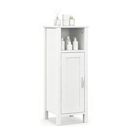 COSTWAY Bathroom Storage Cabinet, Freestanding Narrow Storage Organizer with Open Shelf & Adjustable Shelf, Small Slim Floor Cabinet for Bathroom, Living Room, Entryway, Office, White
