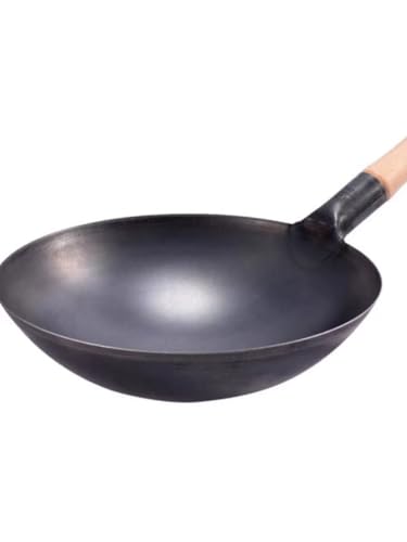 Wok de hierro fundido redondo con mango de madera miniatura 4