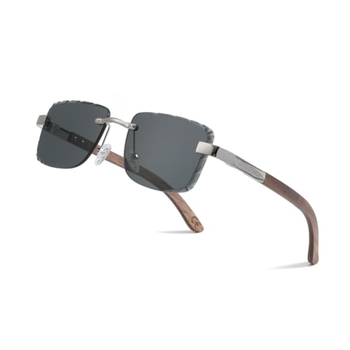 WOODONLY Lunettes de Soleil en Bois Sans Monture - Lunettes de Soleil à Monture Métallique Tendance avec Étui en Bambou pour Hommes et Femmes Cadeaux Parfaits (Noyer)
