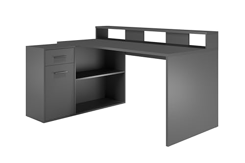 trendteam smart living - Gamer - Büromöbel - Grau - Schreibtischkombination mit 1 Tür, 1 Schublade, 2 offenen Fächern und 2 Einlegeböden - (BxHxT) 160 x 92 x 115 cm - Links oder Rechtsstellbar