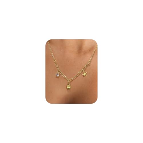 DAILI Charm Necklace for Women,14K Gold Starfish SeaShell Cubic Zirconia Paperclip Choker Necklace,Non Tarnish Adjustable Stainless Steel Chain Stack Jewelry for Summer Beach Vacation