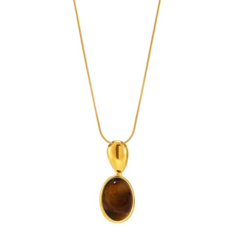 Geometry Oval Stone Pendant Necklace for Women Long Slip Chain Necklaces Tiger Eye Stone Stainless Steel Adjustable Link Chains Fashion Jewelry