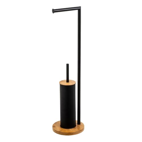 LOLAhome - Portarrollos de Papel higiénico sin Taladro de 73 cm de Metal Negro con escobilla de baño para WC y escobillero Redondo Negro y Base de bambú