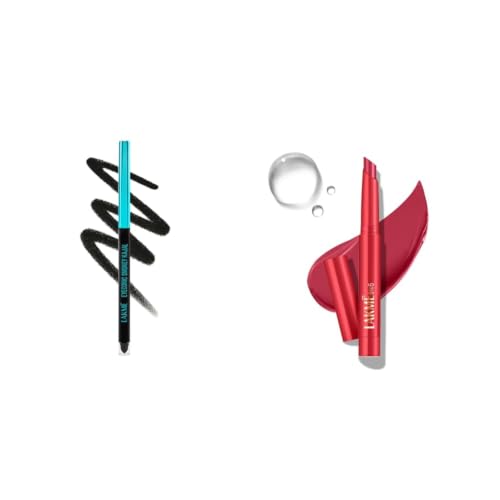Image of LAKME 9-5 Eyeconic Smokey Kajal, Black 0.35g, for Smokey Eye Perfection, with 2x Darker Pigment, Smudge-Proof and Waterproof, Long-Wear Formula Lakme 9 to 5 Forever Matte Lip Crayon, Red Aurora 1.1g