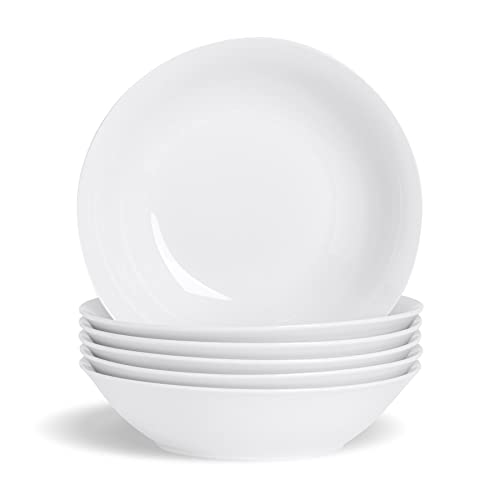 Argon Tableware 6X White Large Pasta Bowls - 25.5cm (10) - Ceramic Dinner Plates Dish Set Serving Noodle Bowl - Dishwasher and Microwave Safe