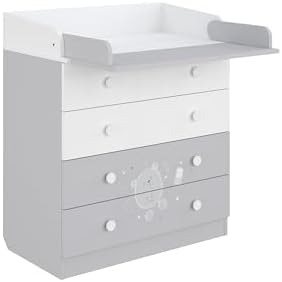 Shefa Kids Wickelkommode 800 Teddy weiß-grau - Qualität aus Österreich, 4 Schubladen, 80,4 cm breit