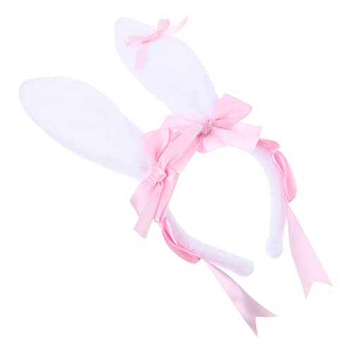 BIUDECO 豪華なウサギの耳カチューシャ 弓の頭飾り マスカレードヘアフープ 耳カチューシャ ゴシックアクセサリー パーティー帽子 イースターうさぎの プラッシュ生地 ピンク
