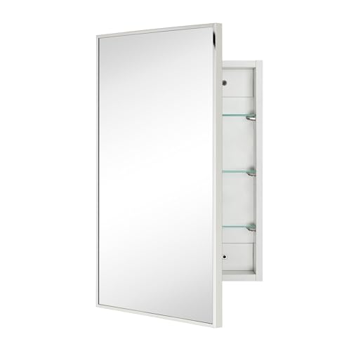 Image of TEHOME 17.5'' x 29'' Polished Nickel Recessed and Surface Mount Bathroom Medicine Cabinet with Mirror Square Cornered Metal Framed Rounded Rectangle Medicine Cabinet Mirror
