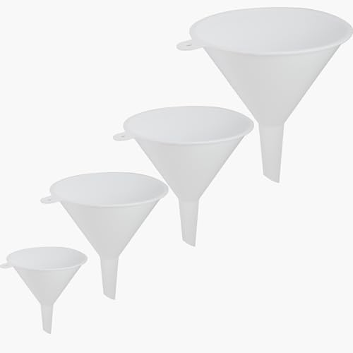 Plastic Funnel, Filling Bottles, Jars, Containers Kitchen or Laboratory Use, General Purpose Funnel for Petroleum, Automotive Oils, Lubricants and Liquids (White 4pc)