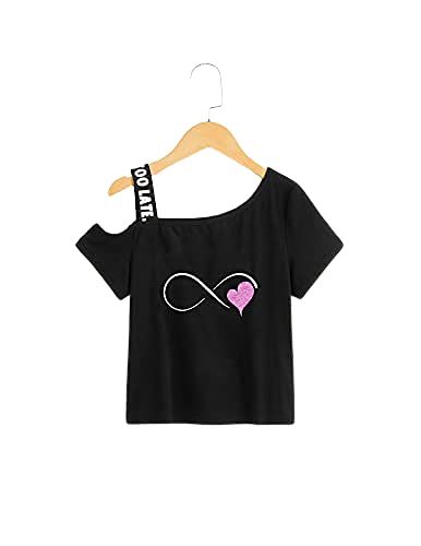 DEVEW Printed Black Crop top for Kids|One Side Off Shoulder Half Sleeve Senorita Printed Crop top for Girls