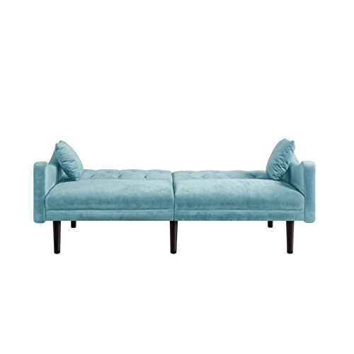 Yunlife 72.8" Modern Velvet Accent Upholstered Futon Sofa With 2 Pillows, Loveseat Convertible Sleeper Couch Bed, Folding Recliner For Living Room, Apartment And Small Space Furniture Sets, Blue #TOP4