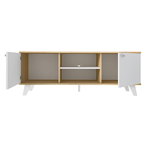 MOMMA-HOME-Mueble-TV-Salon-Mesa-de-television-2-Puertas-y-Baldas-centrales-Acabado-en-Roble-y-Blanco-Patas-de-Madera-Modelo-QUIATUR-140-cm-Largo-x-51-cm-Alto-x-40-cm-Fondo