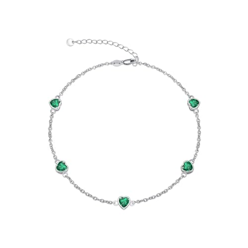 Image of Dorunmo Heart Birthstone Bracelets 925 Sterling Silver Round Birthstone Anklet for Women Birthday Jewelry Gifts for Girlfriend Wife Mother Her
