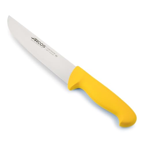 Arcos Cuchillo carnicero Acero Inoxidable Nitrum y Hoja 210 mm. Cuchillo cocina profesional cortar carne, pescado y verduras. Mango ergonómico polioximetileno. Serie 2900. Color amarillo.