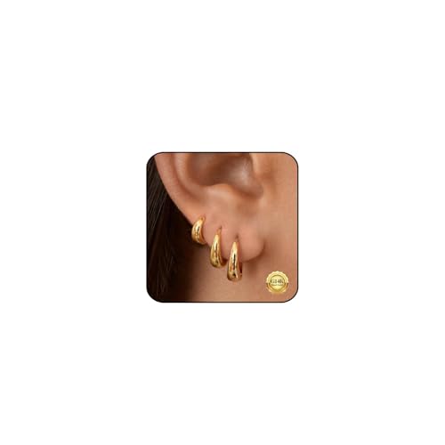 Kenivira 18K Gold Plated Hoop Earrings for Women,Small Chunky Hoop Earrings Set,Huggie Thick Earring Hypoallergenic,Chunky Hoops Non Tarnish - image 1